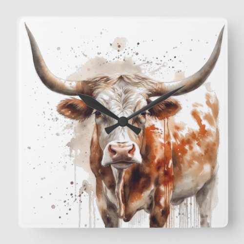 watercolor painting of a longhorn cow  square wall clock