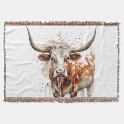 watercolor painting of a longhorn cow  throw blanket