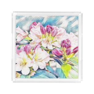 Watercolor painting of a pink and white azeea acrylic tray