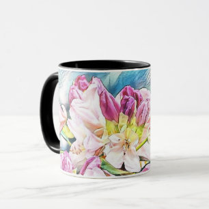 Watercolor painting of a pink and white azeea mug