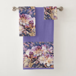 Watercolor painting of a purple cherry blossom bath towel set