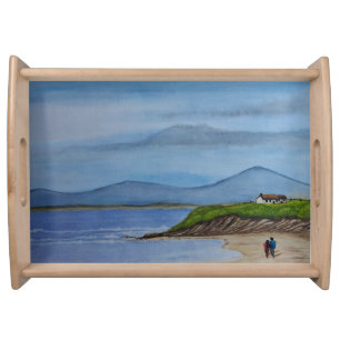 Watercolor Painting of a Romantic Day at the Beach Serving Tray