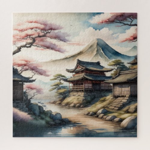 Watercolor Painting of Ancient Japanese Village Jigsaw Puzzle