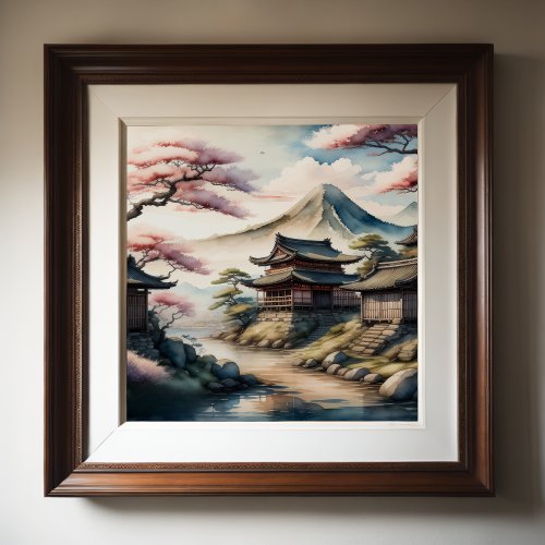 Watercolor Painting of Ancient Japanese Village Poster