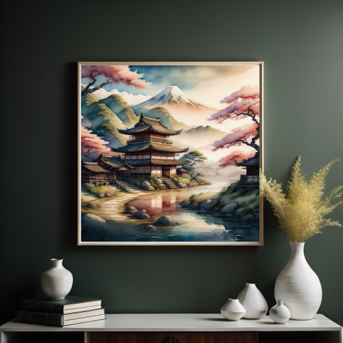 Watercolor Painting of Ancient Japanese Village Poster