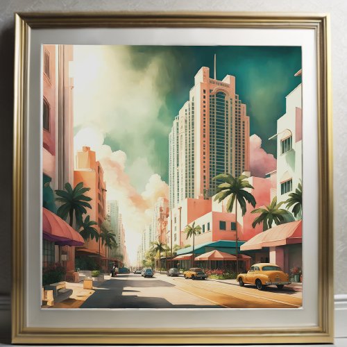 Watercolor Painting of Art Deco Miami Poster