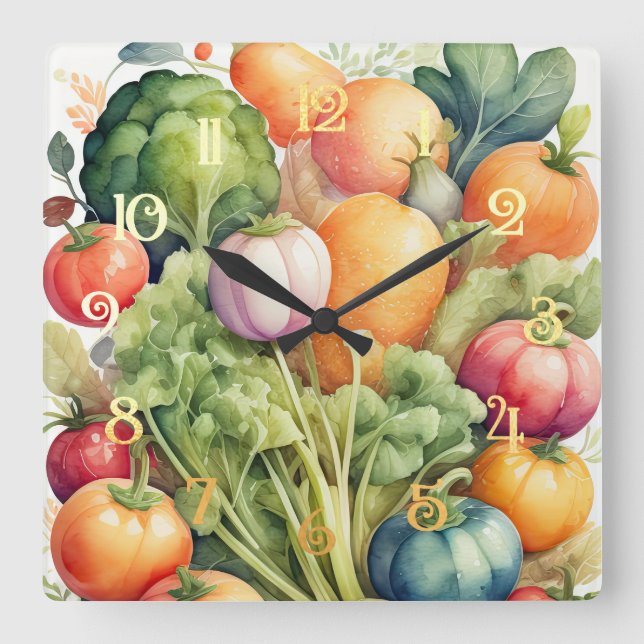 Watercolor Painting of Assorted Vegetables Square Wall Clock (Front)