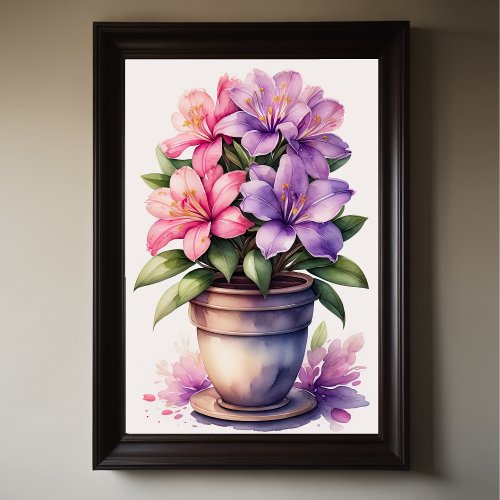 Watercolor Painting of Azalea in Pot Purple Poster