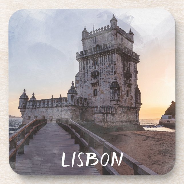 Watercolor painting of Belem tower at sunset Beverage Coaster (Front)