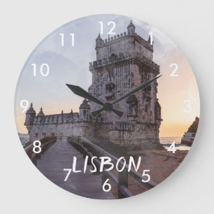 Watercolor painting of Belem tower at sunset Large Clock