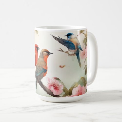 Watercolor painting of birds on cherry tree coffee mug
