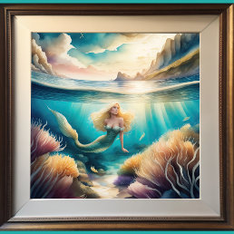 Watercolor Painting of Blonde Mermaid 1:1 Poster