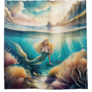 Watercolor Painting of Blonde Mermaid Shower Curtain