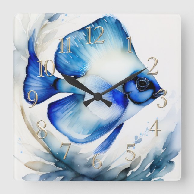 Watercolor Painting of Blue Fish Square Wall Clock (Front)