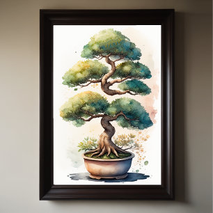 Watercolor Painting of Bonsai Tree in Pot Poster
