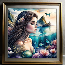 Watercolor Painting of Brunette Mermaid 1:1 Poster