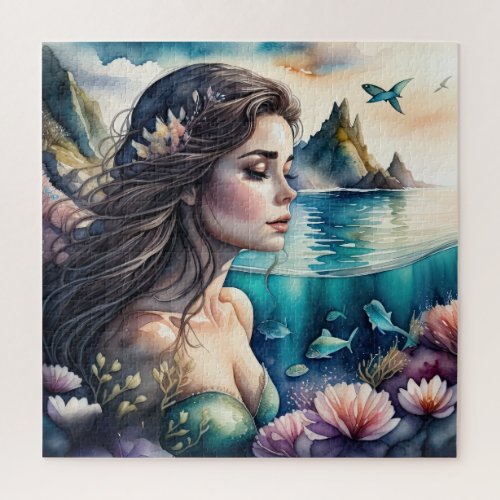 Watercolor Painting of Brunette Mermaid Jigsaw Puzzle