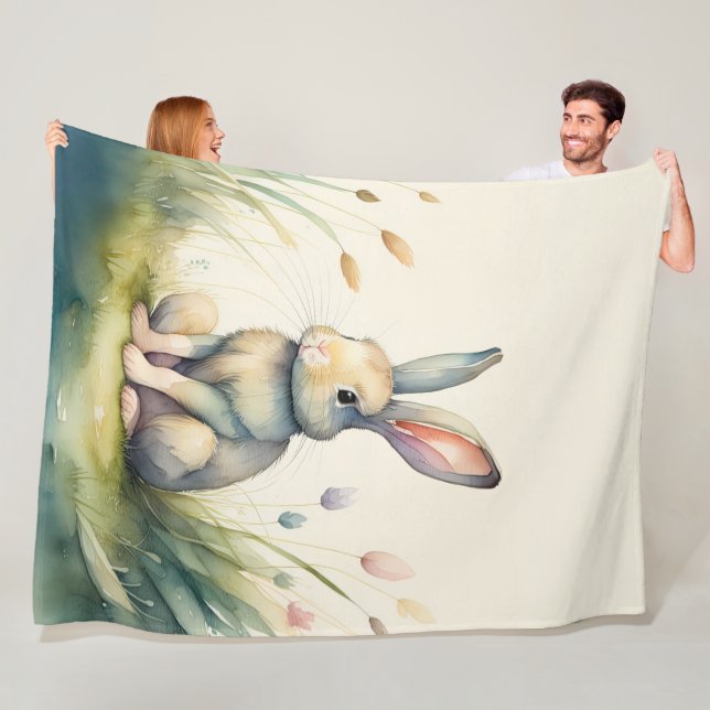 Watercolor Painting of Bunny Rabbit Fleece Blanket (In Situ)