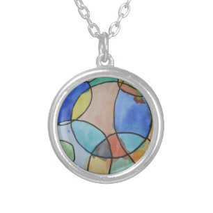 Watercolor Painting of Colorful Circles, Kids Art Silver Plated Necklace