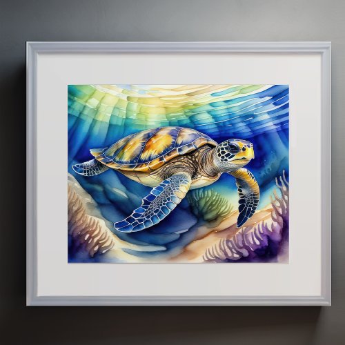 Watercolor Painting of Colorful Sea Turtle V Poster