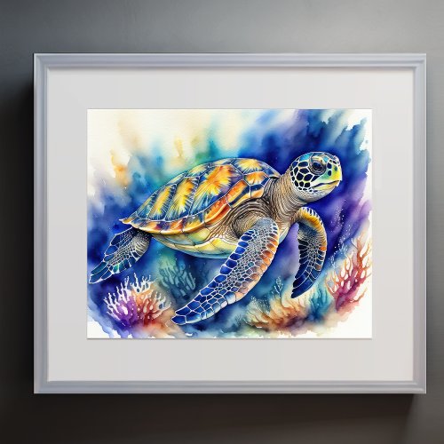 Watercolor Painting of Colorful Sea Turtle X Poster