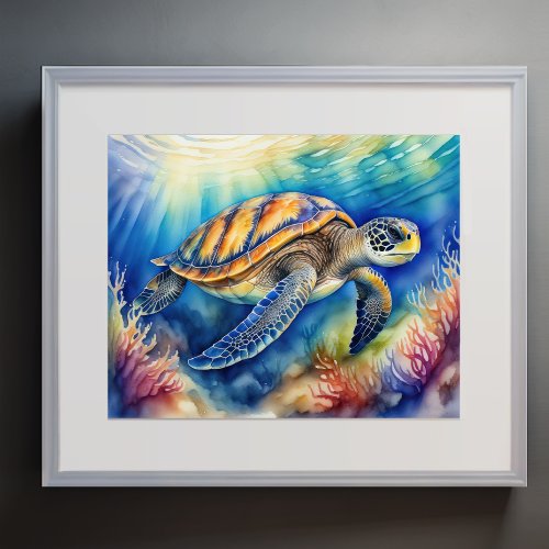 Watercolor Painting of Colorful Sea Turtle XI Poster
