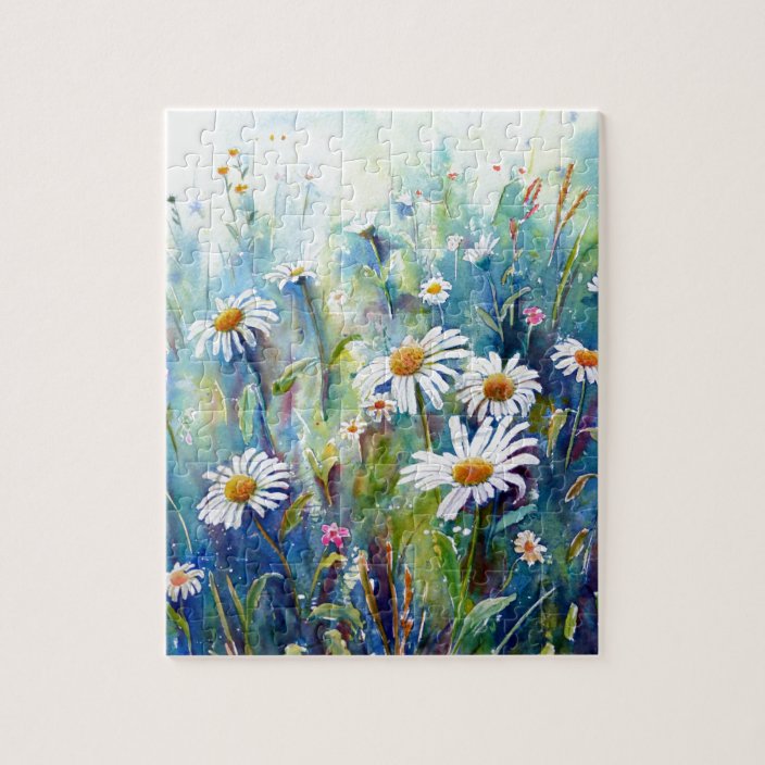 watercolor painting of daisy field jigsaw puzzle zazzle com