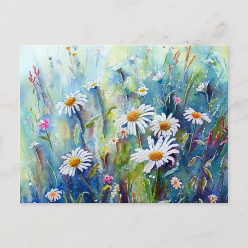 Watercolor painting of daisy field postcard