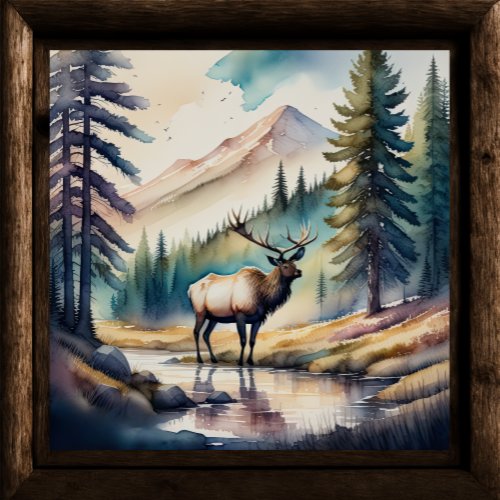 Watercolor Painting of Elk in Forest 11 Poster