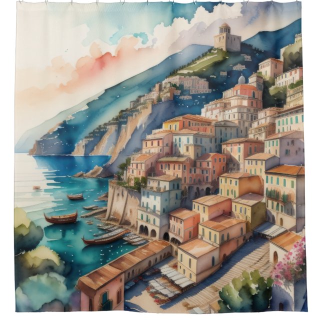 Watercolor Painting of European Mediterranean City Shower Curtain (Front)
