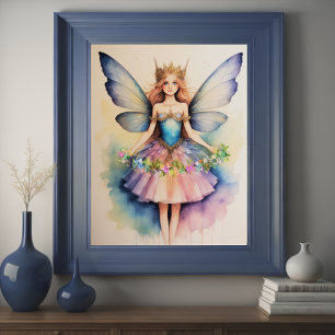 Watercolor Painting of Fairy Holding a Garland Poster