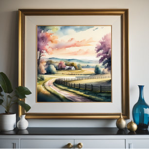 Watercolor Painting of Farm Barn Poster