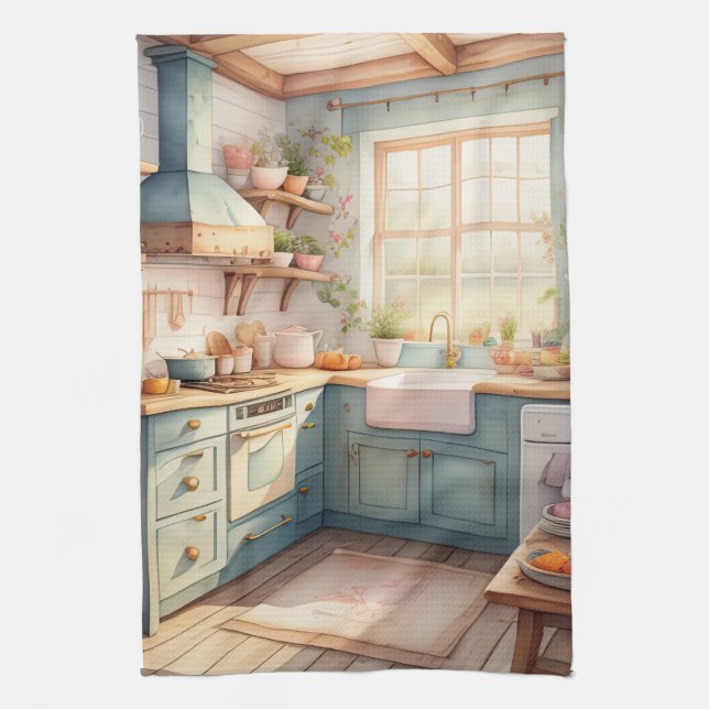 Watercolor Painting of Farmhouse Kitchen Towel (Vertical)