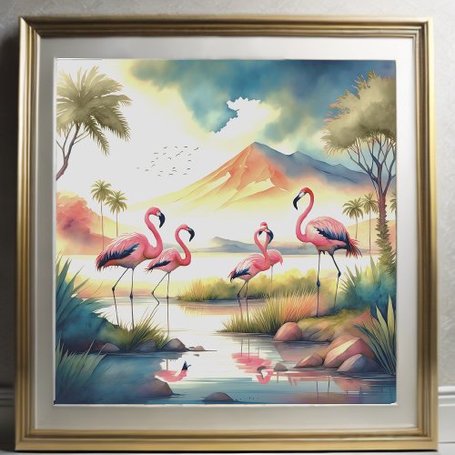 Watercolor Painting of Flock of Flamingos 11 Poster