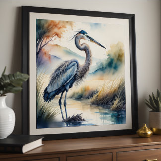 Watercolor Painting of Great Blue Heron 1:1 Poster