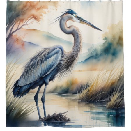 Watercolor Painting Of Great Blue Heron Shower Curtain