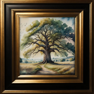 Watercolor Painting of Huge Old Oak Tree Poster