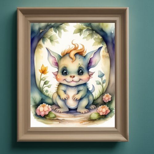 Watercolor Painting of Kawaii Chibi Creature Poster