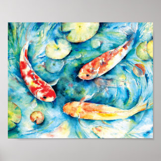 Watercolor Painting of Koi in Lily Pond Poster