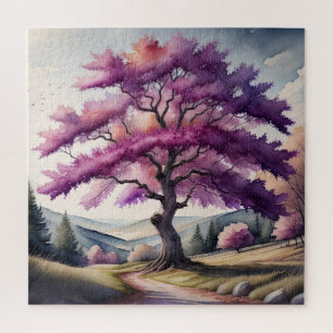 Watercolor Painting of Large Purple Leaf Tree Jigsaw Puzzle
