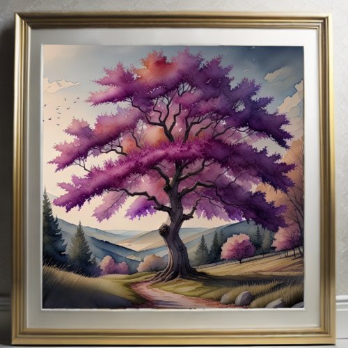 Watercolor Painting of Large Purple Leaf Tree Poster