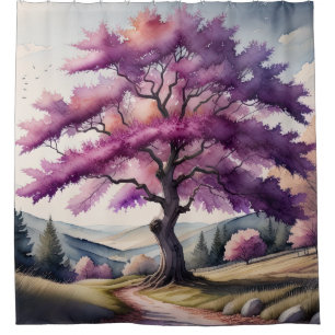 Watercolor Painting of Large Purple Leaf Tree Shower Curtain