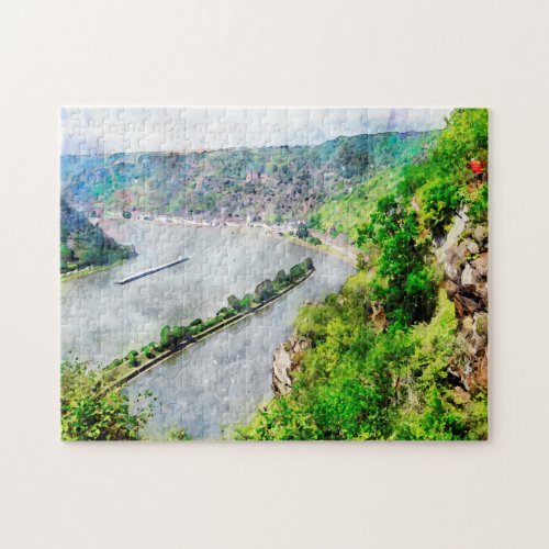 Watercolor painting of Lorelei rock at Rhine gorge Jigsaw Puzzle