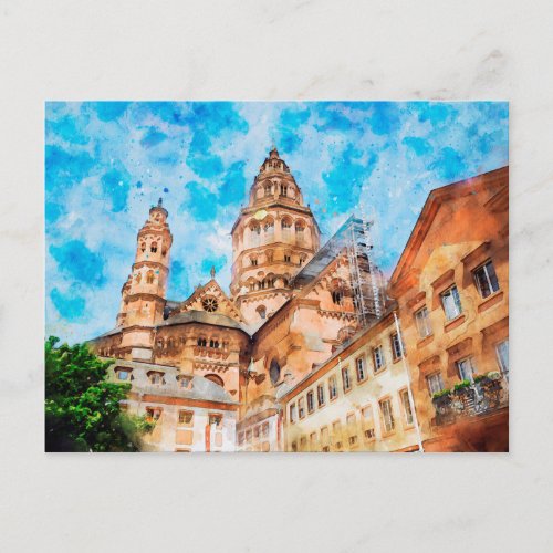 Watercolor painting of Mainz Cathedral in Germany Postcard