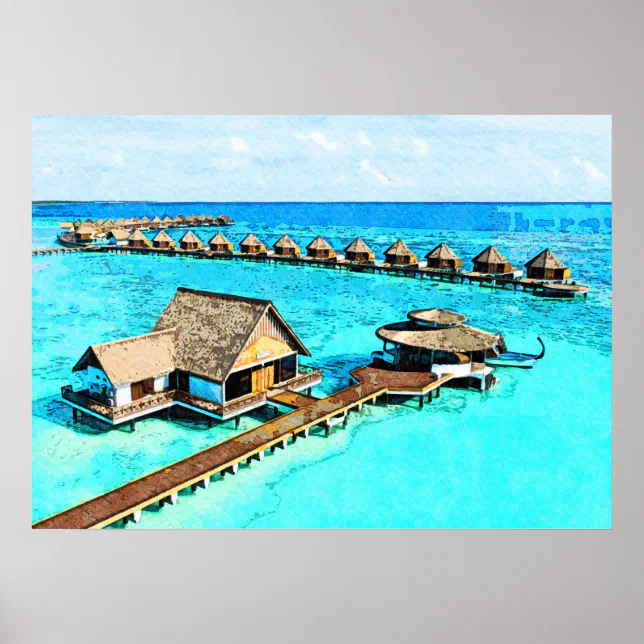 Watercolor Painting of Maldives Resort Poster | Zazzle