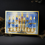Watercolor Painting of Menorah Blue White Candles Foil Holiday Card<br><div class="desc">Watercolor Painting of Menorah Blue White Candles</div>