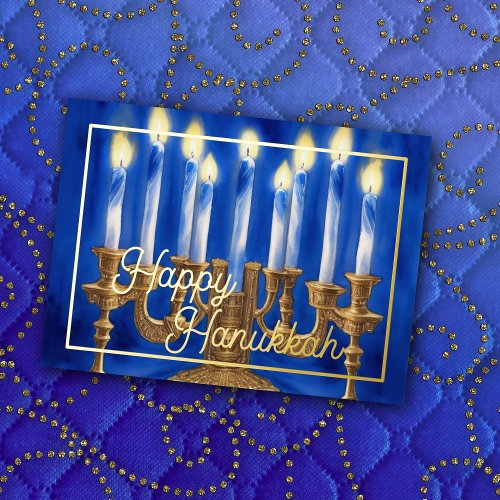 Watercolor Painting of Menorah Blue White Candles Foil Holiday Card