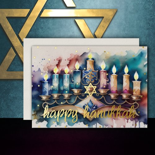 Watercolor Painting of Menorah Happy Hanukkah Foil Holiday Card