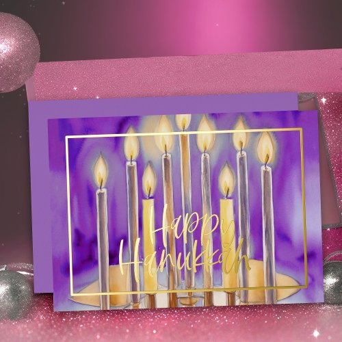 Watercolor Painting of Menorah Purple Candles Foil Holiday Card