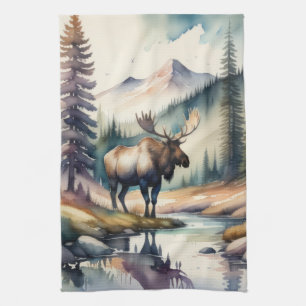 Watercolor Painting of Moose in Forest Kitchen Towel